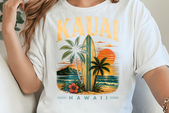 Kauai Hawaii Arched Surf Sunset PNG: A Masterpiece of Retro Tropical Illustration
